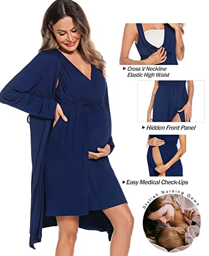 Image of SWOMOG Women Maternity Nursing Gown and Robe Set 3 in 1 Labor Delivery Nursing Nightgown for Breastfeeding Hospital Bathrobe