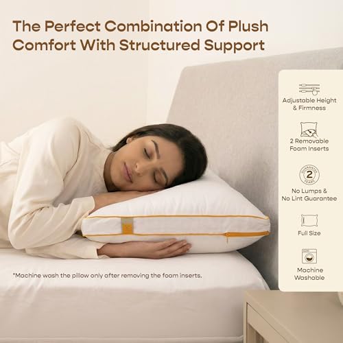 Image of SleepyCat Hybrid Pillow | Full-Size Height & Firmness Adjustable Pillow | Removable Foam Inserts & 100% Virgin Microfiber Fill with No Lumps & No Lint Guaranteed | White, Set of 4 (26 x 16 Inches)