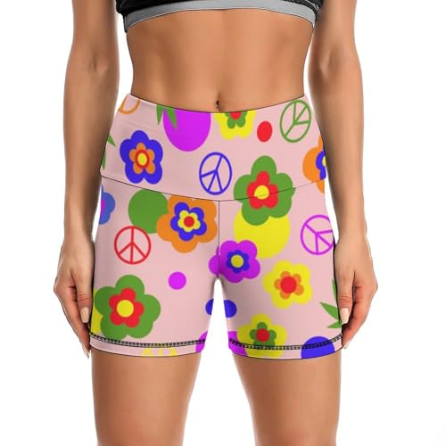 Hippie Peace Daisy Flower High Waist Yoga Shorts for Women Athletic Shorts Leggings Running Pants Black