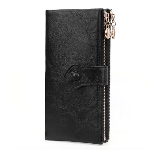 Image of GOIACII Wallet for Women Ladies Wallets Double Zippers Clutch Purse Black | Bifold Ladies Card Holder,Zipper Pockets,Ladies Wallets,Vintage Wallets for Women
