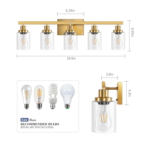 Image of 5 Light Gold Bathroom Vanity Light, Bathroom Light Fixtures, 31 inch Modern Brushed Gold Vanity Lighting Fixtures for Bathroom Over Mirror, Gold Sconces Wall Lighting for Bedroom