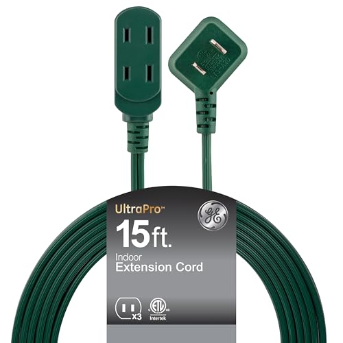 GE 3-Outlet Flat Plug Extension Cord with Multiple Outlets 15 Ft Indoor Extension Cord with Safety Slide 2 Prong Right Angled Flat Plug Green ETL Listed 84082