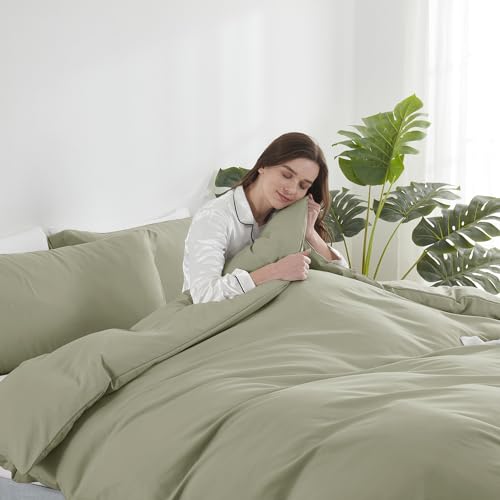 Image of Hearth & Harbor Light Sage Duvet Cover Full Size, 3 Piece Bedding Set | Soft Double Brushed Bedding Set, Button Closure, 1 Duvet Cover 80x90 Inches, 2 Pillow Shams