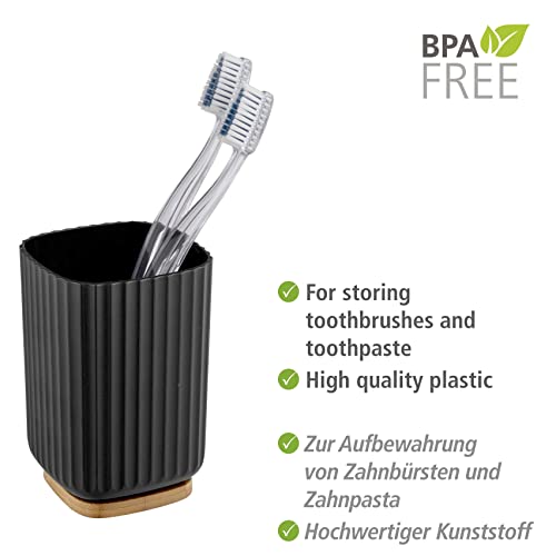 WENKO Zahnputzbecher Mod. Rotello, Becher zum Zähneputzen aus Kunststoff und Boden aus Bambus, Abstellmöglichkeit für Zahnputz-Utensilien mit griffiger Rillenstruktur, Ø 8,6 x 11,1 cm, Schwarz/Natur 3