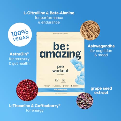 Image of BE AMAZING Pre Workout Powder, Vegan Supplement with 125mg Natural Caffeine, Ashwagandha and Adaptogens, Sugar Free Drink Mix for Men and Women, Gluten Free, Non GMO, Sour Blue Gummy, 30 Servings