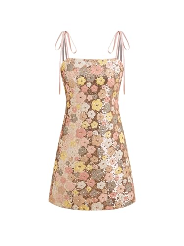 CIDER Sequin Mini Dress Floral Square Neck Sleeveless Party Dress Club Floral Print