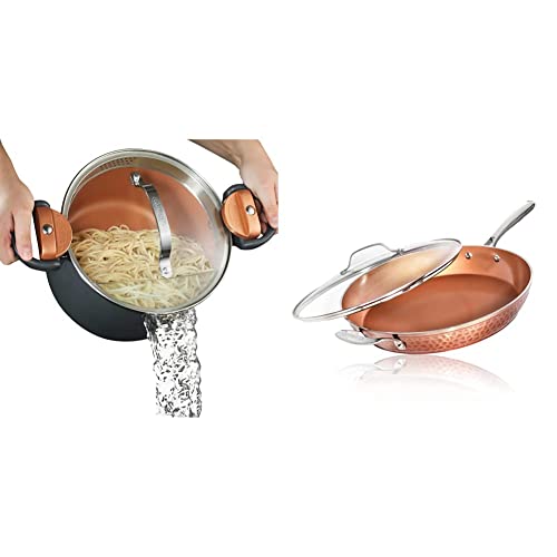 Image of GOTHAM STEEL 5 Quart Black Hammered Non-Stick Stock Pot with Strainer Lid & 12