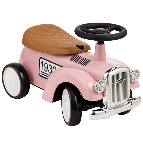 Baroni Toys Vintage Rutschfahrzeug für Kinder von 12 bis 36 Monaten, Retro Rutschauto mit Hupe, Staufach, Lenkstange und stabilen Rädern zum Laufenlernen, 25x59x35 cm (Rosa)