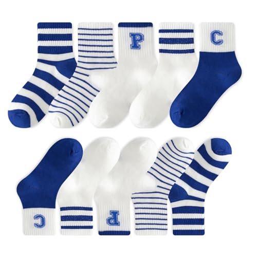 Children's Sports Socks Striped Socks Solid Color Round Neck Socks Blue and White Letter Combination Socks 10 Piece Set Suitable For Boys And Girls (Sizes 27-30)