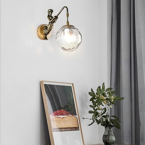 Image of Bofea-Vintage Mermaid Wall Lamp,1-Lights Gold Wall Sconce with Hand-Hammered Clear Glass Shade,Gold Bathroom Vanity Lights,Art Decor Resin Wall Light for Bathroom Living Room Hallway.