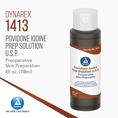 Image of Dynarex Povidone-Iodine Prep Solution, Antiseptic Solution for Skin and Mucosa, Ideal for Surgical Site Preparation, Contains Povidone Iodine 10%,1 Case of 48 4 fl. oz. Povidone-Iodine Bottles