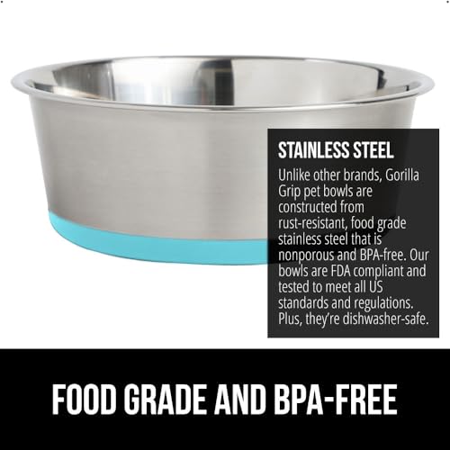 GORILLA GRIP Set of 2 Dog Bowls, Heavy Duty Metal Food and Water Bowl for Feeding Dogs and Cats, Dishwasher Safe Rust Resistant Stainless Steel, BPA Free Rubber Base, Holds 2 Cups (16 fl oz) Turquoise - Image 4