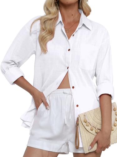 CUNLIN Women's Button Down Shirts Long Sleeve Cotton Summer Beach Wear for Women with Pocket