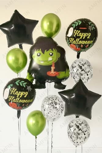Image of AMFIN (Pack of 11) Halloween Balloon Decoration Set - Green Monster Foil Balloon with 2 inchHappy Halloween inch Round Balloons & 2 Black Star Balloons - Spooky Party Supplies for Kids & Adults