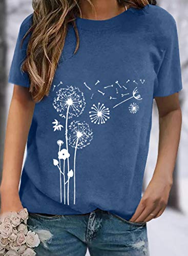 Shewin Womens Summer Tops 2023 Casual Short Sleeve Shirts Loose Crewneck Dandelion Graphic Tees Oversized T Shirts For Women,Us 8-10(M),Blue #TOP4