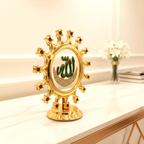 Image of Allah Calligraphy Idol Metal Gold Plated for Home, Prayer, Islamic Elegant Showpiece in Crystal Stones & Sunburst Design for Office, Car Dashboard & Gifts