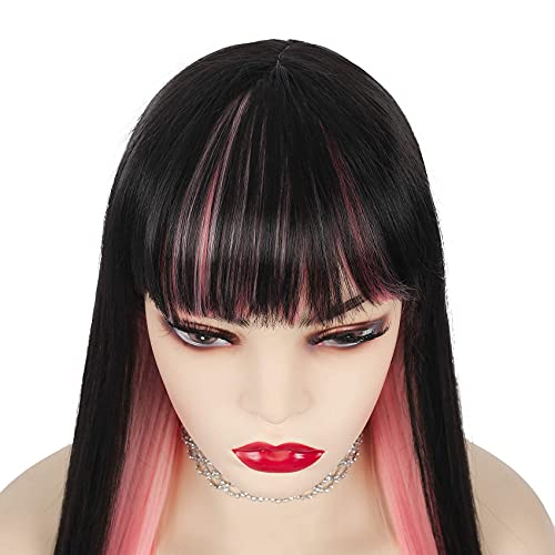 Image of Swiking Black and Pink Long Straight Wig for Women with Bangs Synthetic Hair Heat Resistant Fiber Wig Natural Looking Halloween Party Cosplay Wig