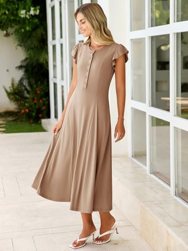 Image of Simplee Womens Summer Casual Dress - Short Sleeve Button Crewneck A-Line Flowy Fit and Flare Beach Midi Dress(Coffee Grey,Small)