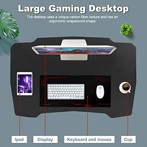 Image of BestOffice Gmaing Desk 35.4in PC Computer Desk Z Shaped Gaming Workstation Ergonomic Gaming Table with Headphone Hook for Home Office, Red