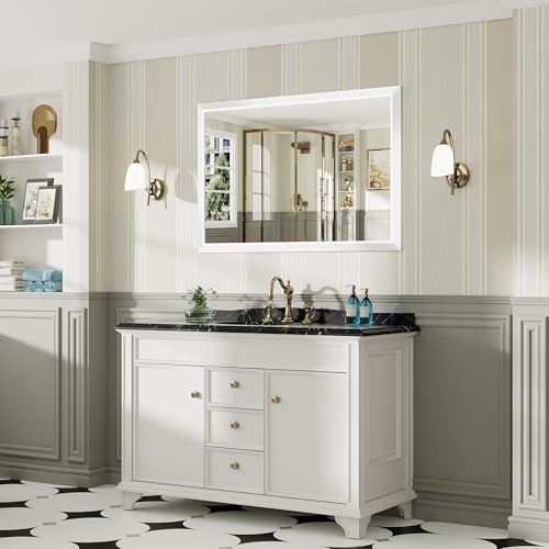 48x32 Inch White Bathroom Mirror for Wall, Thick Metal Framed Rectangle Mirrors for Over Sink, Bedroom, Living Room, Entryway, Anti-Rust, HD Tempered Glass