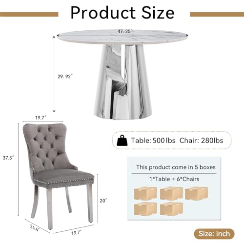 Image of 7-Piece Round Dining Table Set for 6, Modern Faux Marble Kitchen Table and Grey Velvet Chairs Set of 6, Luxury 45 inch Circle White Silver Dining Room Tables with Stainless Steel Base