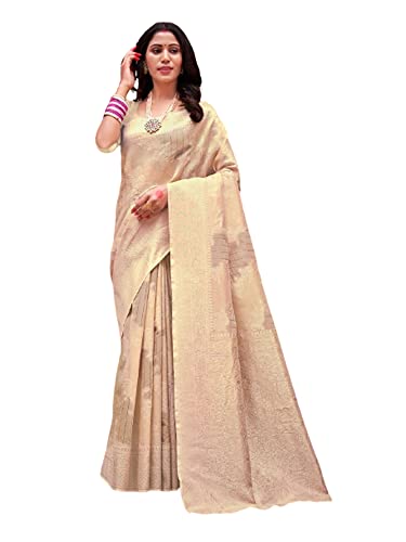 Sari traditionnel de luxe en organza crème pour femme