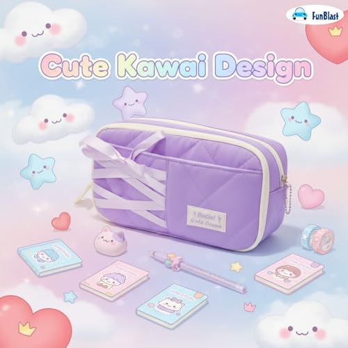 Image of FunBlast Pencil Pouch for Girls - Aesthetic Multi-Compartment Zipper Pouch with Drawstring Pocket, Cute Kawaii Pencil Case, Stylish Stationery Pouch, Return Gift for Kids & School Use (PurpleB)