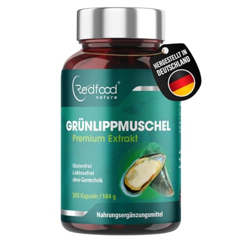 GRÜNLIPPMUSCHEL PREMIUM KAPSELN 1500 MG GRÜNLIPPMUSCHELPULVER PRO PORTION HOCHDOSIERT XXL DOSE 300 KAPSELN 5-3 MONATSVORRAT OHNE MAGNESIUMSTEARATE MADE IN GERMANY VON REDFOOD
