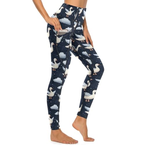 Legging bleu imprimé oie femme avec poches et ceinture haute gainante