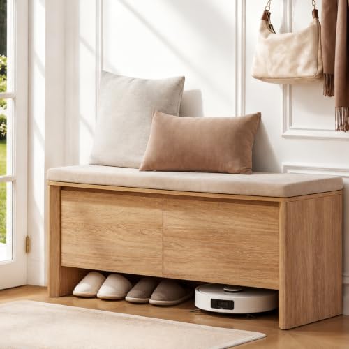 Amada 47.2' Shoe Storage Bench for Entryway with Cushion, Natural Oak | Shoe Storage Bench, Entryway Bench with Storage, Adjustable Shelves, Washable Cushion, Holds 8–12 Pairs