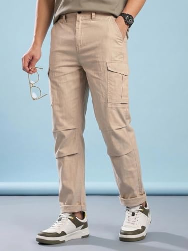 Image of Vogaan Men Cotton Linen Blend Cargo Pants | Mid Rise Regular Fit Casual Trousers | Multi Pocket Utility Bottom Wear | Comfortable Breathable Fabric Travel Outdoor Styling
