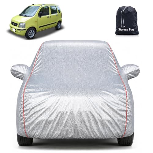 Image of 100% Waterproof Car Cover for Maruti Suzuki WagonR LXi, AX, AXI, VXi & Duo LPG 1999-2009 | All Weather Protection |Mirror & Antenna Pocket | Soft Inner Lining | Triple Stitched |Metallic Silver