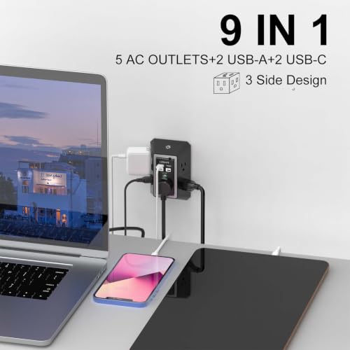 Image of Surge Protector, QINLIANF 5 Outlet Extender with 4 USB Ports(2USB-C) | 1680 Joules, 3-Sided Power Strip with Night Light, Multi Plug Wall Outlet Adapter Spaced for Home Travel Office, Black