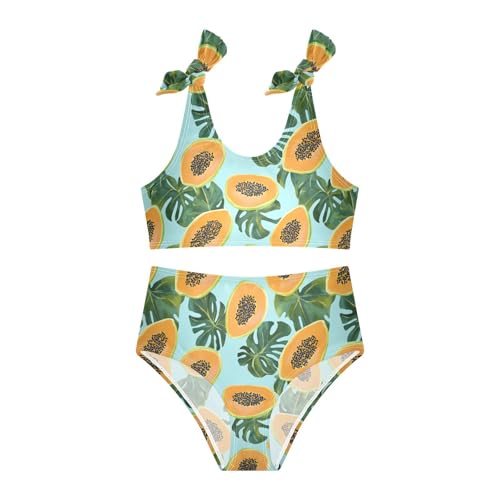 Wusikd Tropical Papaya Monstera Girls Swimsuits Two Piece Turquoise Swimwear Bikini Set for for Girls Size 3T3