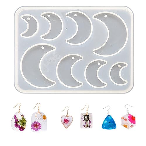 Molde de silicone de resina de 8 cavidades com furos em forma de lua, moldes de silicone para iniciantes para chaveiro faça você mesmo, pingente e brincos, fabricação de joias, artesanato