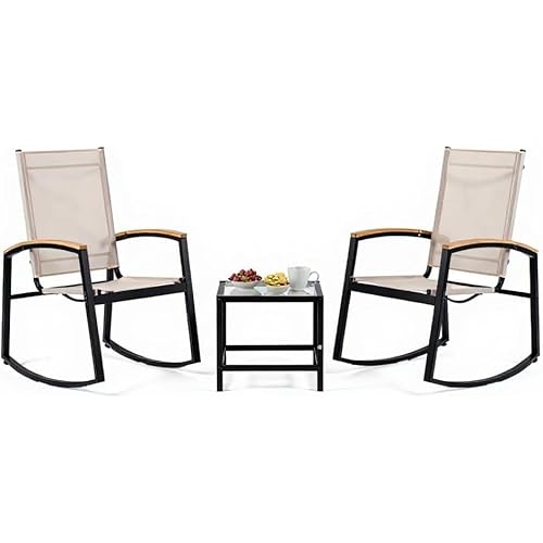 3 Piece Outdoor Rocking Set, Patio Bistro Set, Textilene Mesh Rocking Chairs with Wood Armrests & Glass Side Table, Patio Furniture Sets for Lawn, Garden, Balcony, Poolside