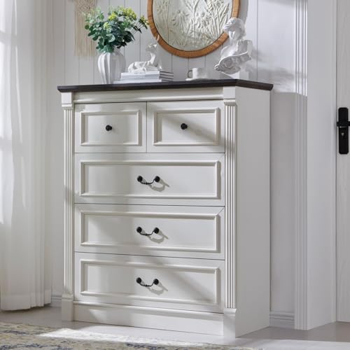 Image of Farmhouse 5 Drawers Dresser for Bedroom, 46 inch Tall Dressers & Chests of Drawers w /Roman Column, Large Storage Dressers Organizer for Bedroom, Hallway, Living Room, White