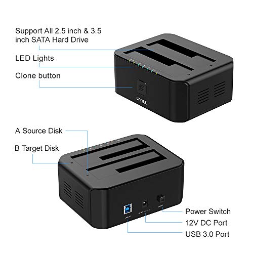 Unitek Usb 3.0 To Sata I/Ii/Iii Dual Bay External Hard Drive Docking Station For 2.5 / 3.5-Inch Hdd Ssd, Hard Drive Duplicator/Offline Clone Function, Support Uasp & 16Tb - Black #TOP6