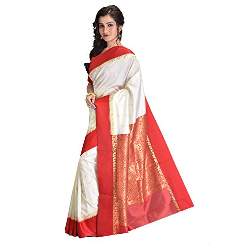 Raj Sarees House Kanjivaram Tassar Art - Sari de seda con pieza de blusa (blanco rojo), Blanquecino y rojo, 5.5 meters
