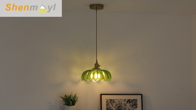 Image of Shenmoyl Pendant Light with Green Scindapsus Glass Lmapshade, Brass Vintage Pendant Light Adjustable Hanging Light for Kitchen Island Dining Room Hallway