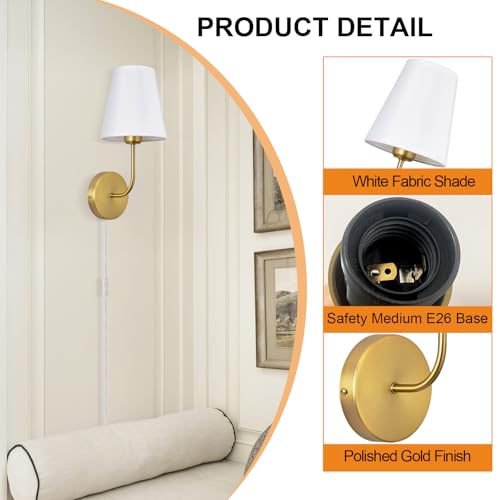Image of Plug in Wall Sconces Set of 2, Gold Finish with White Fabric Shades, Wall Lamp with On Off Switch, Farmhouse Lighting for Bedroom Bedside Living Room Fireplace Hallway Bathroom