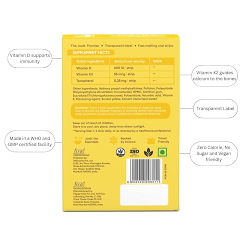 Image of Justt Essentials D3+K2 Vitamin D3 Oral Strips (Pack of 2), 600 IU, Orange Burst Flavour, Fast Dissolving, Sugar-Free, 60 Strips
