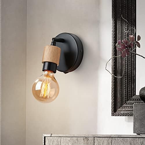 Lightess Wall Lights Industrial Wooden Wall Lamp with Switch 360° Rotatable Spotlights Vintage Retro Wall Sconce E27 Edison Lamp Holder for Bedroom, Living Room, Office, Kitchen(Without Bulb)