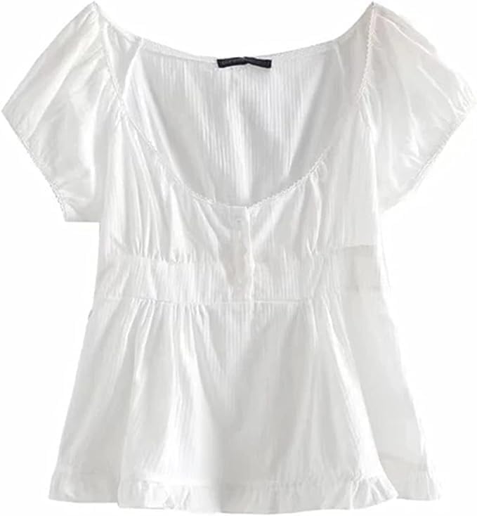 Womens Y2k Fairy Grunge Shirts Square Neck Short Sleeve Lace Patchwork Crop Top Vintage Aesthetic Clothes4