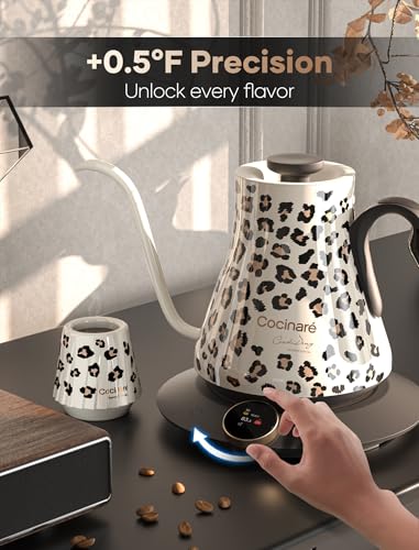 Image of Cocinare Gooseneck Electric Kettle, ±0.5F Precise Temperature Control, 1500W Fast Heating, Pour-Over Coffee & Tea, Stainless Steel, 0.9L (Color-changing Oat Leopard Design)