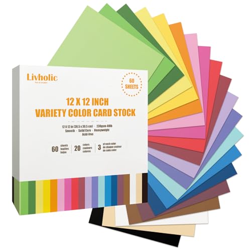 Livholic 60 Sheets Colored Card Stock Paper 250 gsm 80lb 12 x 12 20 Assorted Color Cardstock Colorful Paper for Cricut Card Making Paper Crafting