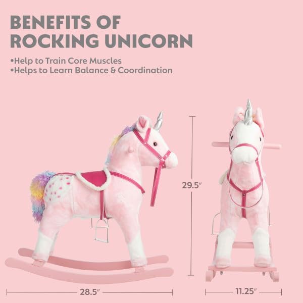 Plush Unicorn with Realistic Sounds Ride on Toys for Ages 3+ Wooden Rocking Horse Pink