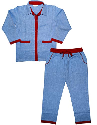 Image of Unisex Pure Cotton Linen Night Suit for Boys and Girls Pyjama Top Combo Set (SM-00269UNISEXSWPT Blue)
