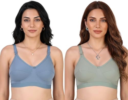Image of Pack of 2 Women's Pure Cotton Non-Padded Wire-Free Everyday Bra | Full Coverage Seamed Cups with Wide Adjustable Straps | Everyday Comfort