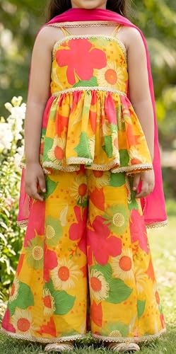 Image of Ethnic kurta for girls | Kids Salwar Suit Set | Girl's Printed top Sharara Dress Set for kids girls